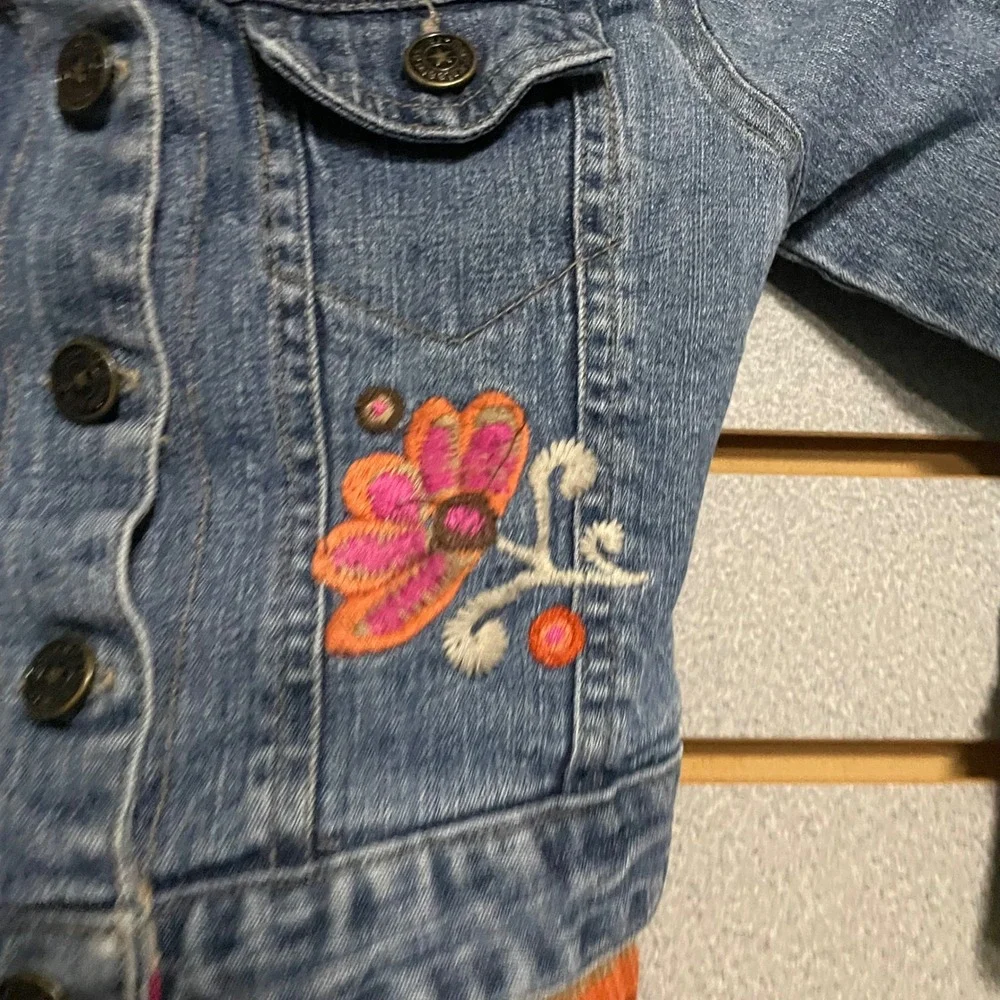 VTG Mary Kate and Ashley Denim Jacket Colorful Knit Trim Flower Embroidery Girls